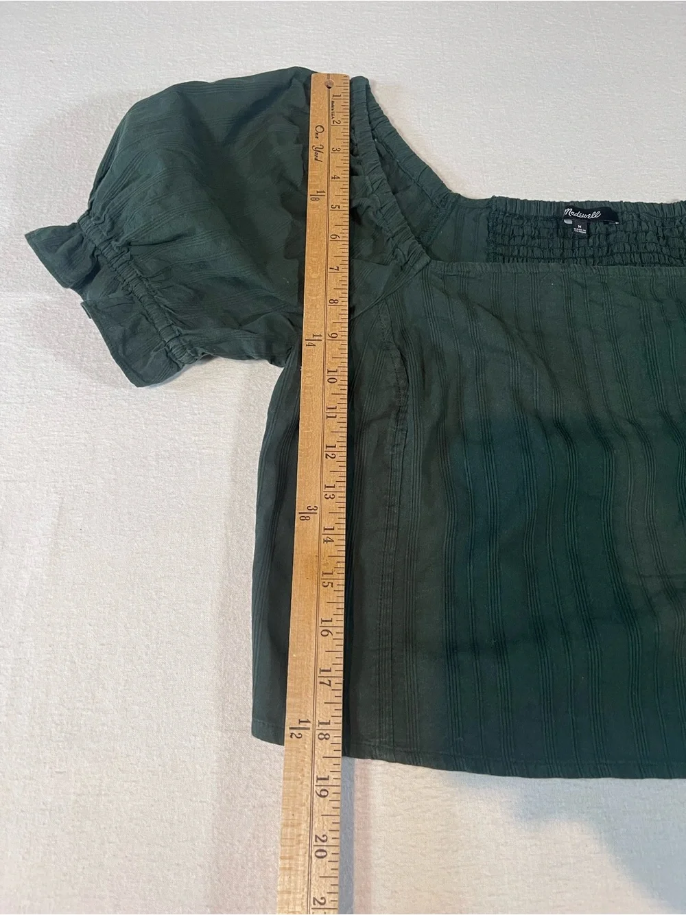 Madewell Dark Green Square Neck Puff Sleeve Crop Blouse